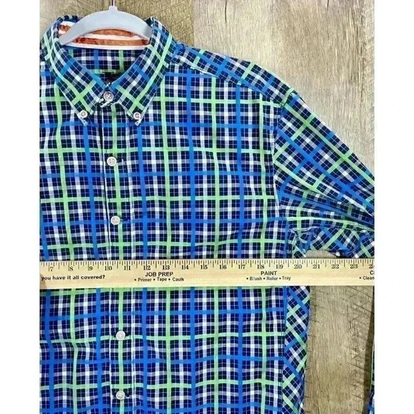 Robert Graham X Mens Medium Tailored Fit Flip Cuff Button Shirt Green Blue Plaid - Picture 8 of 9